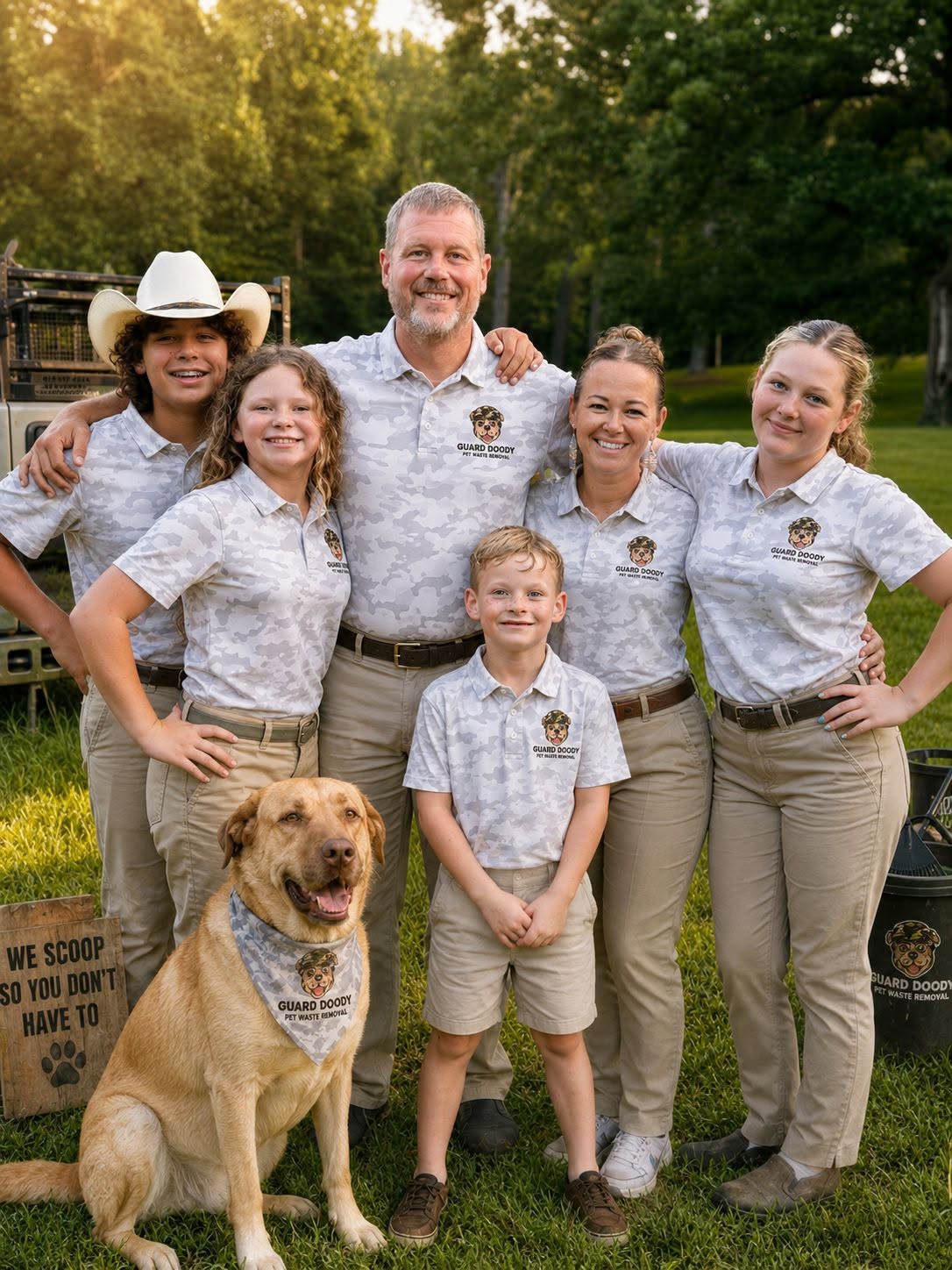 The Guard Doody family in matching shirts with their yellow Labrador